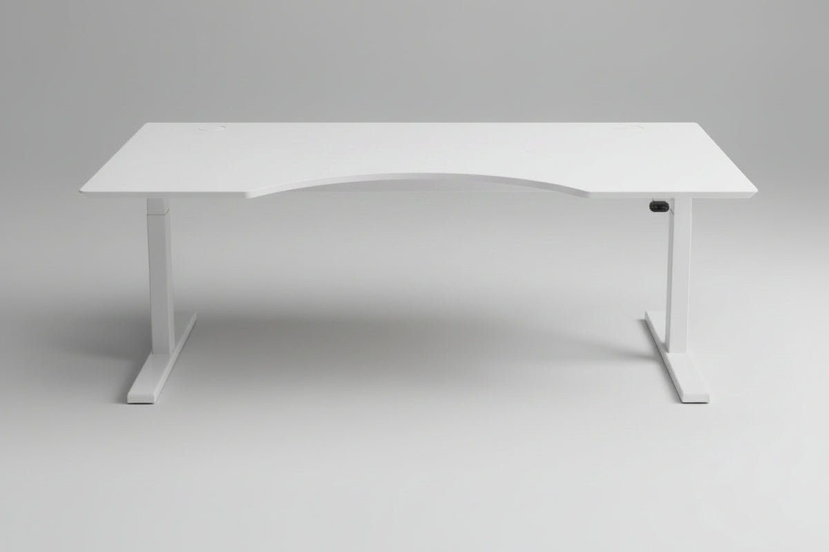 Frontbillede af Scanoffice hæve-sænkebord 160x80 med hvid laminat bordplade og hvidt stel.