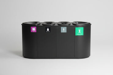 Affaldssorteringsstation med 4 rum 158x80x45 cm – plast, restaffald, metal og madaffald set forfra