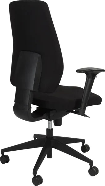 Canadian Ergo kontorstol i sort, bagfra. Slidstærkt betræk, solide hjul og ergonomisk rygdesign med klassisk finish.