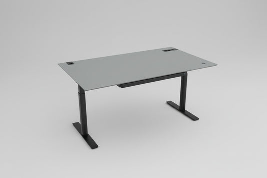 Cube Design hæve-sænkebord 140x80 cm i grå linoleum med sort LINAK stel set forfra