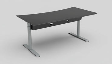 Bagfra-visning af Cube Design hæve-sænkebord i sort med solidt stel og kabelstyring.