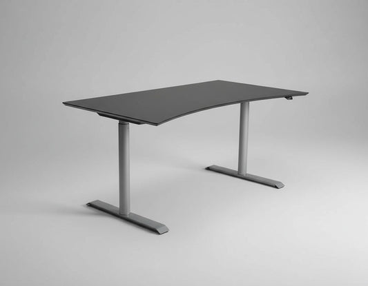 Cube Design hæve-sænkebord 160x90 cm i sort set fra siden med elegant buet bordplade.