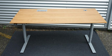 Frontvisning af Dencon Delta hæve-sænkebord i træfarve med stabilt stel.