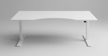 Frontbillede af Dencon hæve-sænkebord 160x90 med hvid laminat bordplade og hvidt stel.