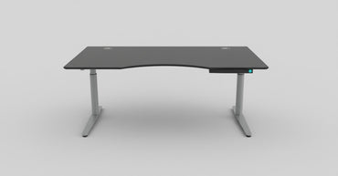 Frontbillede af Dencon hæve-sænkebord 160x90 med sort linoleum bordplade og gråt understel.