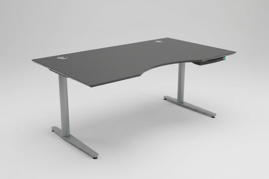 Dencon hæve-sænkebord 160x90 med sort linoleum bordplade og gråt understel set fra skrå vinkel.