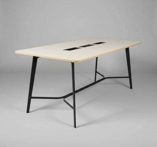 Dencon konferencebord 240x120 cm i beige linoleum med birkekant set fra siden