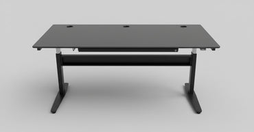 Frontbillede af brugt Duba hæve-sænkebord 180x80 i antracitgrå, flot stand, med kabelbakke og affasede kanter.