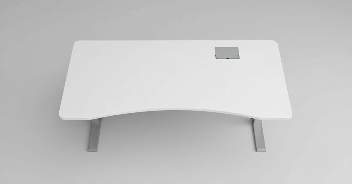 Frontvisning af Duba hæve-sænkebord 180x90 cm med hvid bordplade, mavebue og gråt understel.