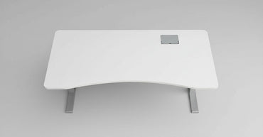 Frontvisning af Duba hæve-sænkebord 180x90 cm med hvid bordplade, mavebue og gråt understel.