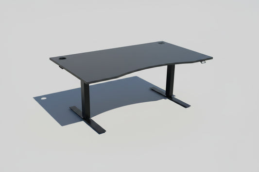 EFG hæve-sænkebord 160x90 cm med antracitgrå laminatbordplade, sort stel, mavebue og kabelbakke set forfra.