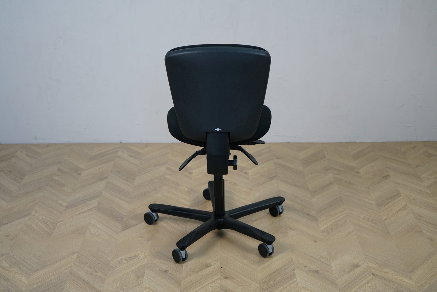 EFG kontorstol med lav ryg og sort fodkryds set bagfra, med justerbar lændestøtte.