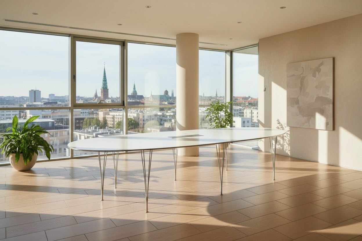 Fritz Hansen Superellipse konferencebord med hvid Fenix laminat placeret i moderne møde- og konferencerum