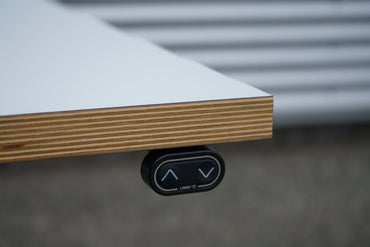 Close-up af hvid bordplade med birkefiner kant på Holmris B8 hæve-sænkebord