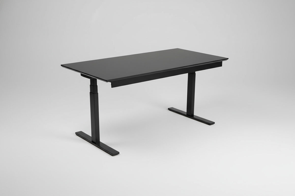 Holmris B8 hæve-sænkebord 180x80 cm med sort stel og kabelbakke set fra siden