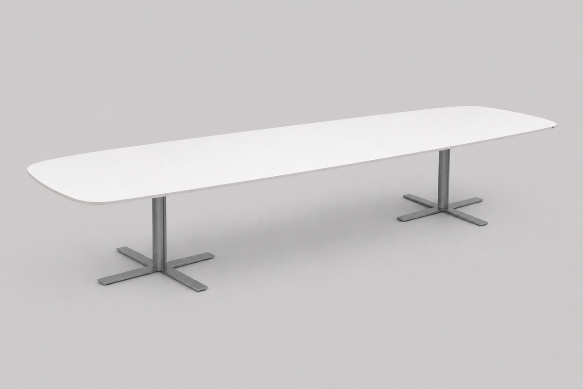 Kinnarps konferencebord 360x120 cm i hvid laminat med gråt stel – stort mødebord set forfra