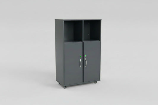 Antracitgrå kontorreol med hjul og 2×3 rum set forfra