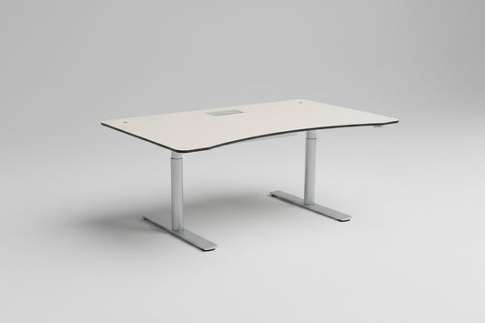 Paustian hæve-sænkebord i beige med lys linoleum set i skrå vinkel, 160x90 cm med elegant mavebue.