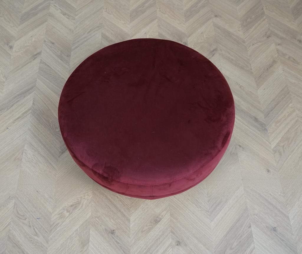 Topbillede af rund rød velourpuf med diameter 70 cm