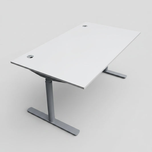 Skråt billede af Scanoffice hæve-sænkebord 160x80 med hvid soft nanolaminat bordplade og elektrisk justerbart stel.