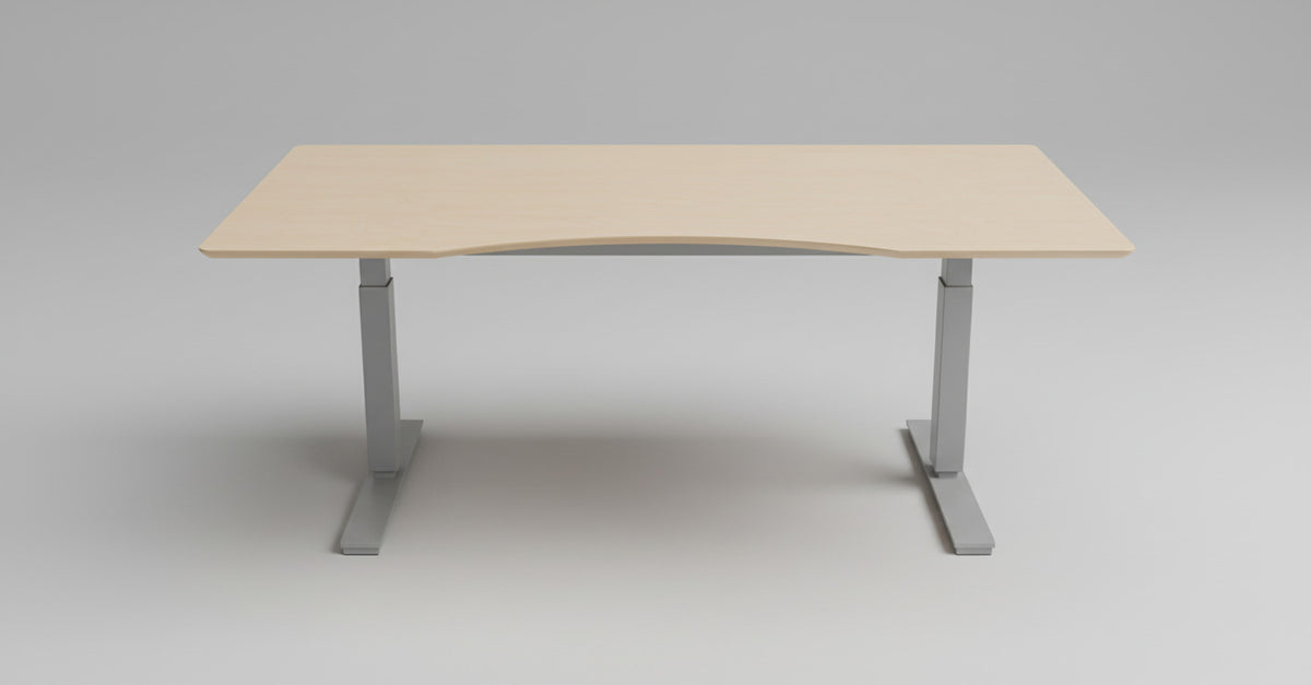 Frontbillede af Scanoffice hæve-sænkebord 160x90 i birkefiner med mavebue, gråt understel, kabelbakke og kabelgennemføring.