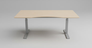 Frontbillede af Scanoffice hæve-sænkebord 160x90 i birkefiner med mavebue, gråt understel, kabelbakke og kabelgennemføring.