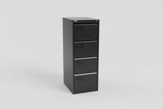 Triumph arkivskab i antracitgrå med 4 skuffer, centrallås og labelholdere set forfra