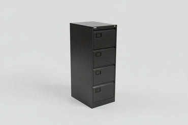 Triumph antracitgråt arkivskab med fire skuffer og A4-hængemappeindsatser set fra skrå vinkel