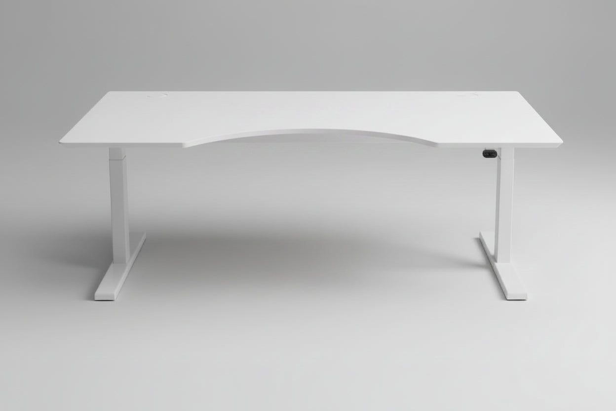 Frontbillede af Scanoffice hæve-sænkebord 160x80 med hvid laminat bordplade og hvidt stel.