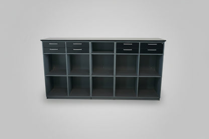 Cube Design reol i antracitgrå med 11 rum og 8 skuffer set forfra med mørkegrå topplade