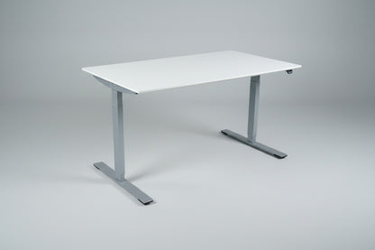 Dencon hæve-sænkebord 140x80 cm hvid laminat med LINAK stel set forfra