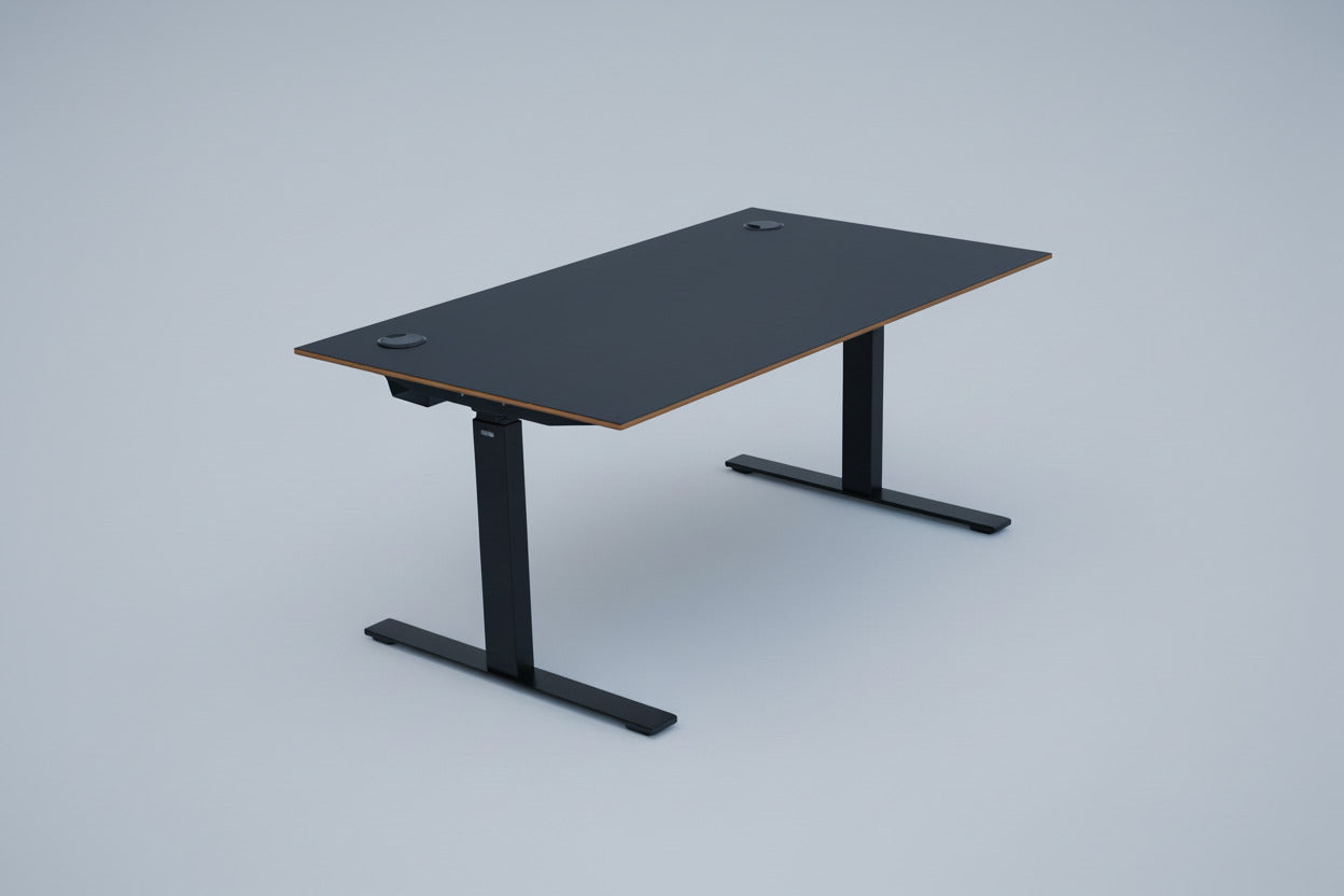 Dencon hæve-sænkebord 140x80 cm sort linoleum med trækant i skrå vinkel
