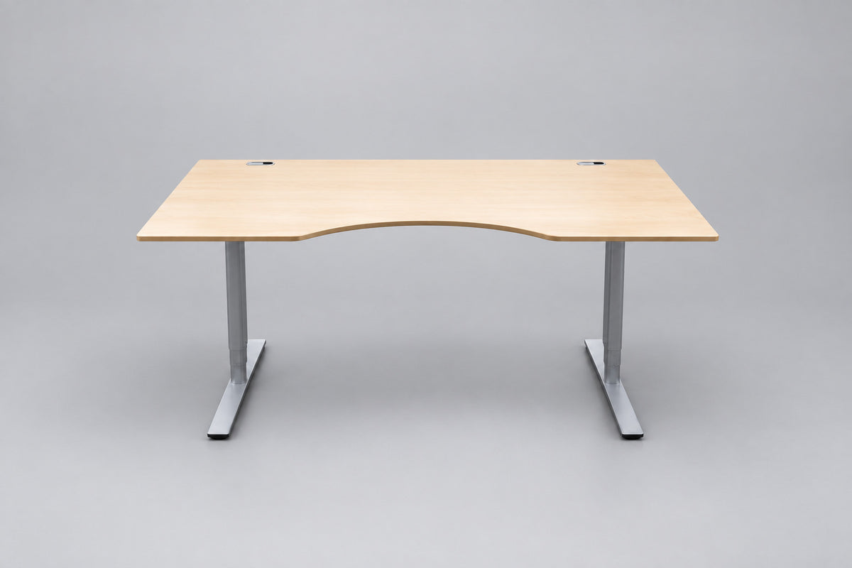 Dencon ergonomisk hæve-sænkebord 180x100 cm med ahornfinér, mavebue og gråt LINAK stel – set forfra