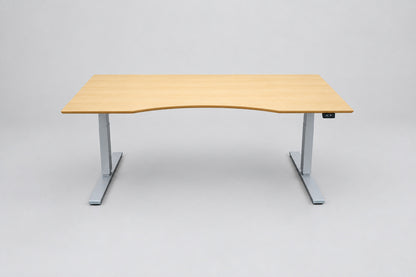 Dencon ergonomisk hæve-sænkebord 180x90 cm med mavebue og gråt LINAK stel – set forfra