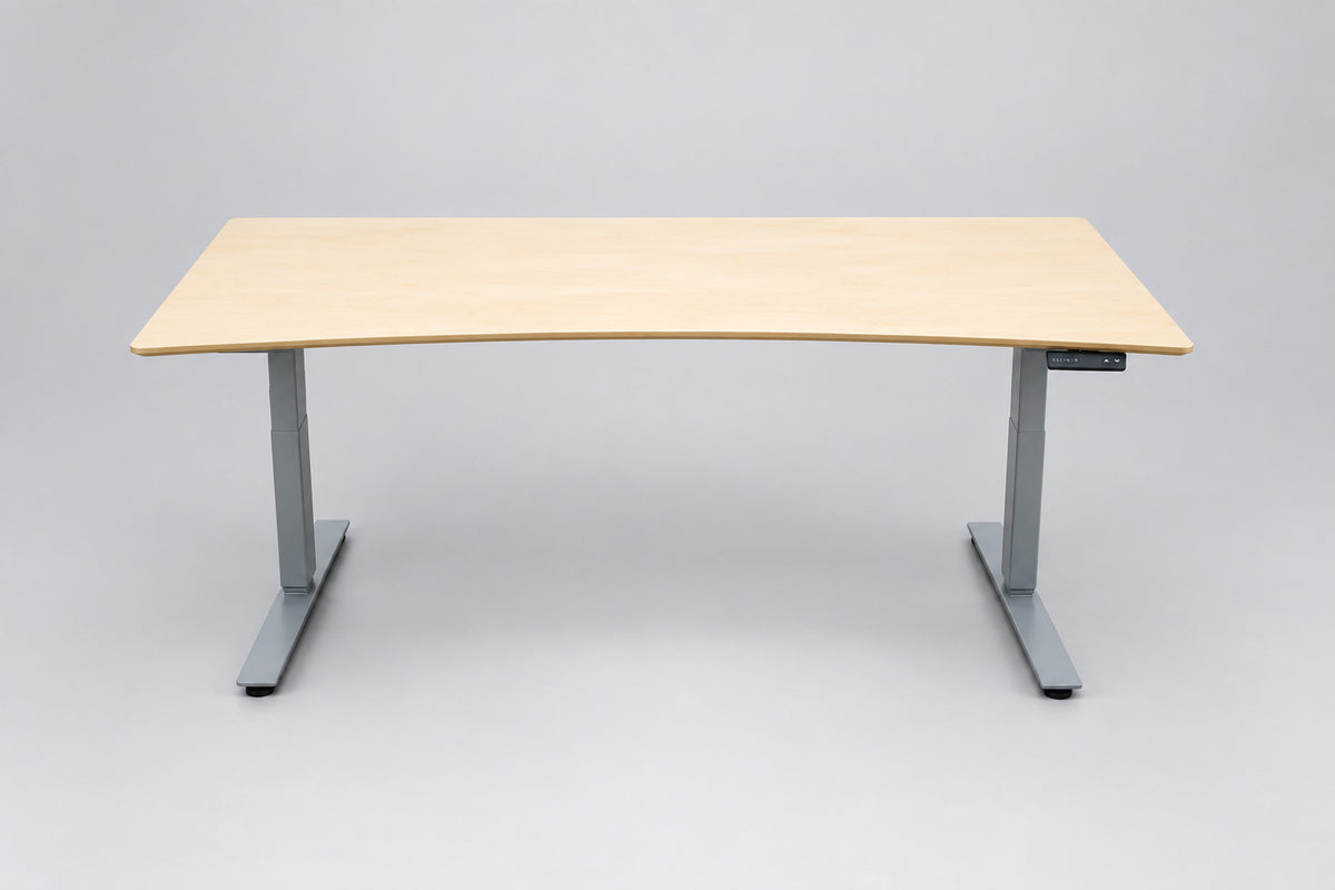Dencon ergonomisk hæve-sænkebord 180x90 cm med ahornfinér og gråt LINAK stel – set forfra