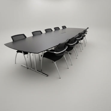 Dencon konferencebord i sort laminat med krom stel og konferencestole – frontvisning