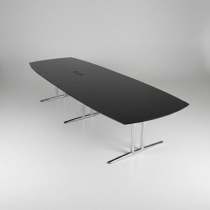 Dencon konferencebord i sort laminat med krom stel og tøndeformet design – frontvisning