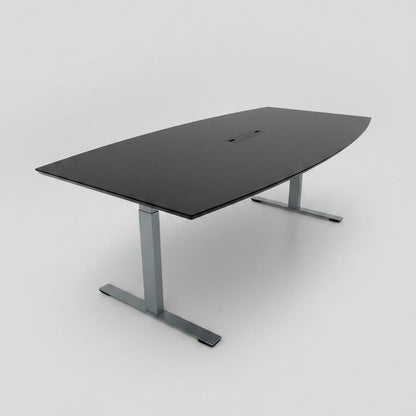 Dencon konferencebord i sort linoleum 205x110 cm med tøndeform, kabelgennemføring og affaset kant – frontvisning