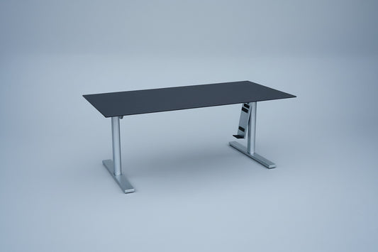 Duba B8 hæve-sænkebord 180x90 cm sort linoleum med stel i børstet stål set forfra