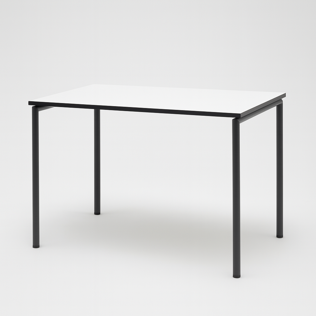 Four Design spisebord/kantinebord 120x80 cm med hvid laminatplade og sort kant, fotograferet fra skrå vinkel.