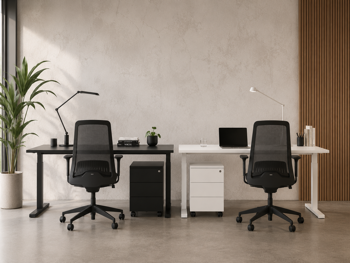 To hæve-sænkeborde i sort og hvid i et moderne kontormiljø med ergonomiske kontorstole og opbevaring – dansk design til professionelle arbejdspladser.