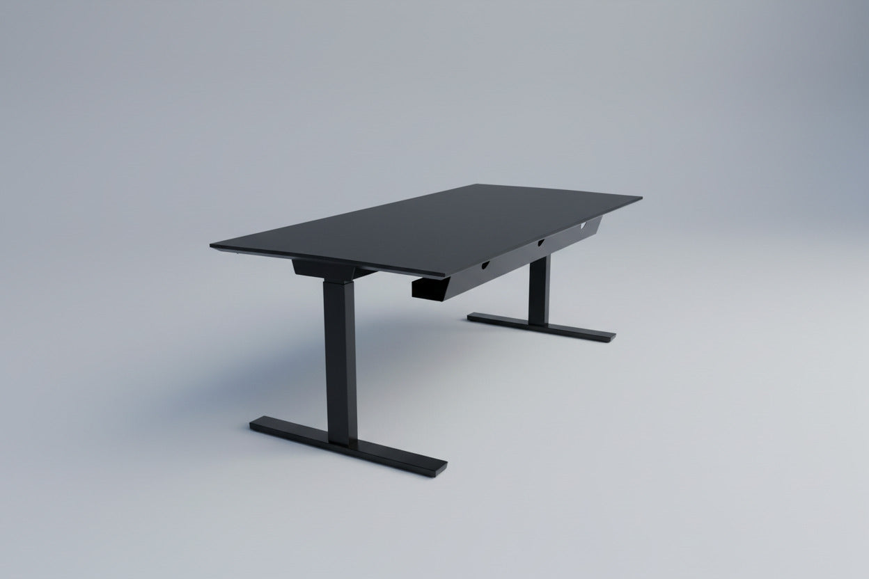 Holmris B8 hæve-sænkebord set bagfra med sort kabelbakke og stel