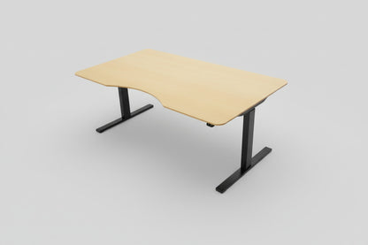 Holmris B8 hæve-sænkebord i ahornfiner set oppefra med 160x90 cm bordplade og mavebue.