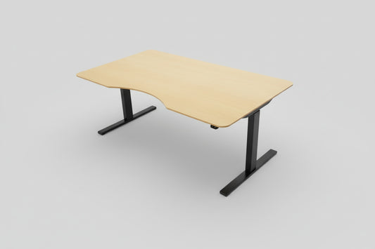 Holmris B8 hæve-sænkebord i ahornfiner set oppefra med 160x90 cm bordplade og mavebue.