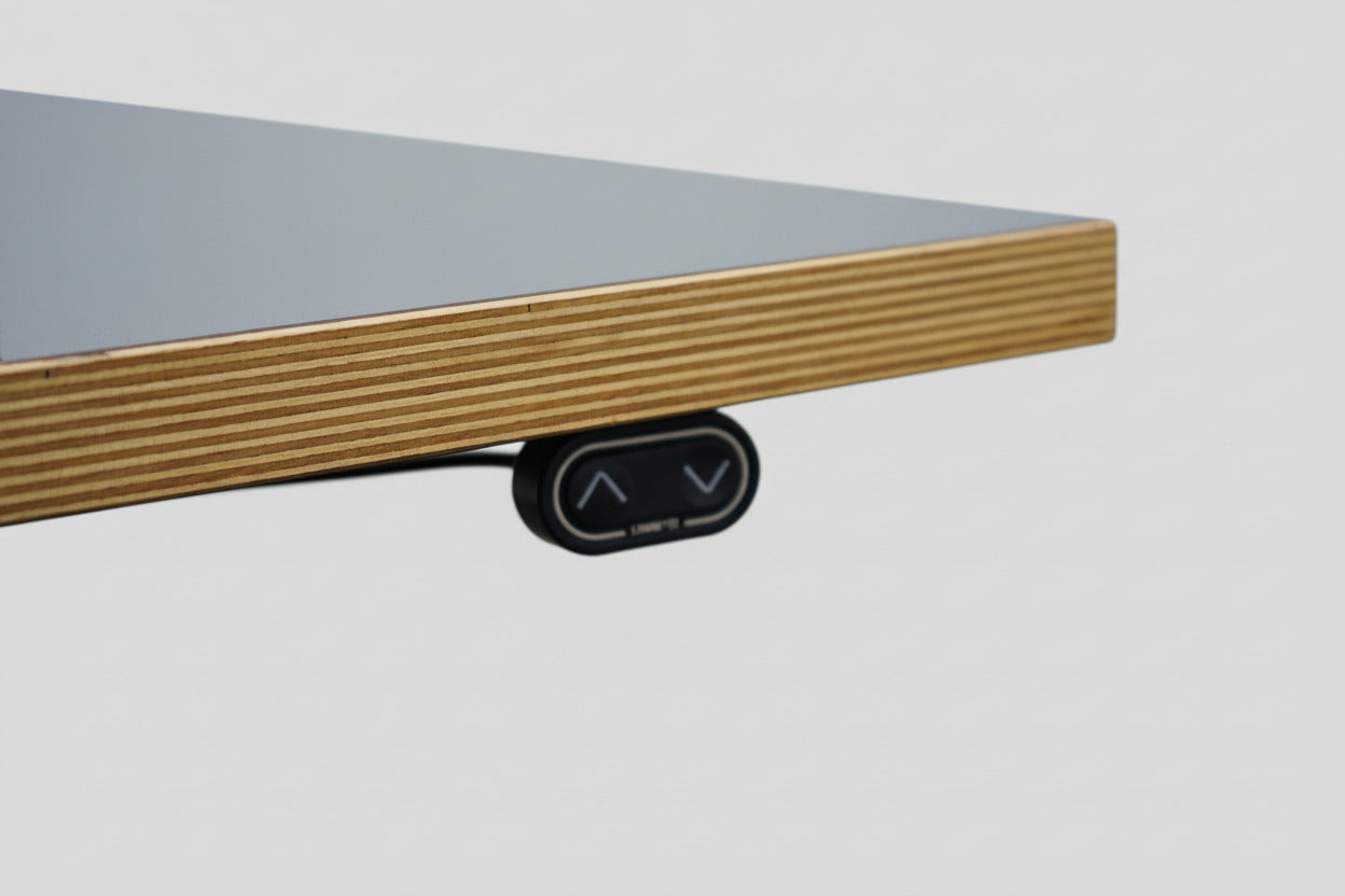 Close-up af grå bordplade med birkefiner kant på Holmris B8 hæve-sænkebord