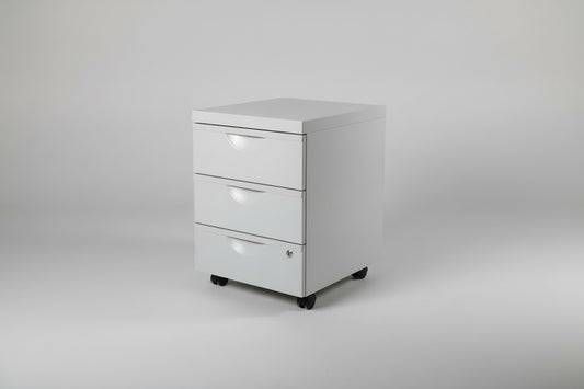 IKEA Erik skuffeboks i hvid set forfra med 3 skuffer og hjul, 41x50x57 cm.