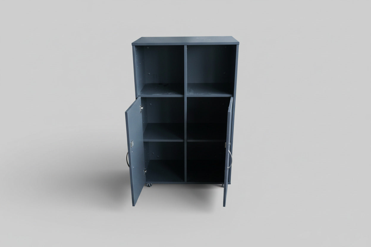 Antracitgrå kontorreol med hjul og åbne opbevaringsrum