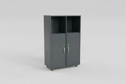 Antracitgrå kontorreol med hjul og 2×3 rum set forfra