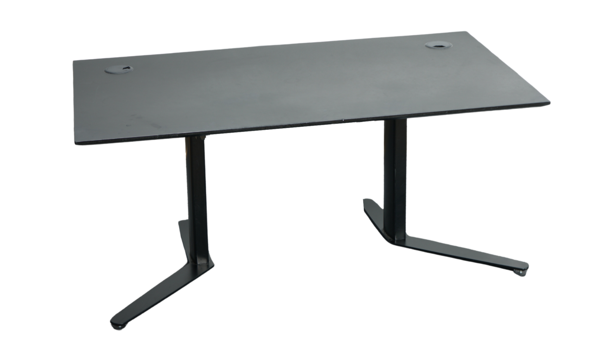 Elegant matsort Linak hæve-sænkebord 140x80 cm med robust stel set fra skrå vinkel