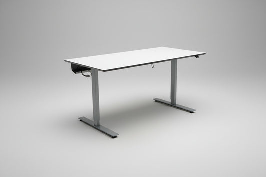LINAK hæve-sænkebord 160x80 cm med hvid laminatbordplade, sort kant og gråt hæve-/sænkestel set forfra.